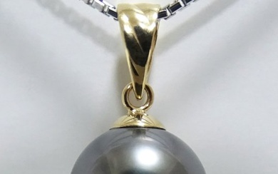 No Reserve Price - Tahitian Pearl, Rikitea Pearl, Silvery Lavender, Round, 10.14 mm - Pendant - 18 kt. Yellow gold