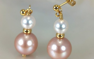 No Reserve Price - pearls from Ø 7,3 to 12 MM - 18 kt. Akoya pearls, Freshwater pearls, Yellow gold - Earrings Akoya Pearl