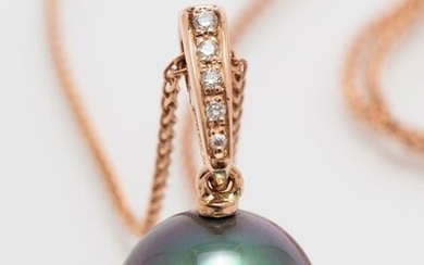 No reserve price -12x13mm Peacock Tahitian Pearl Drop - 14 kt. Pink gold - Necklace with pendant - 0.04 ct