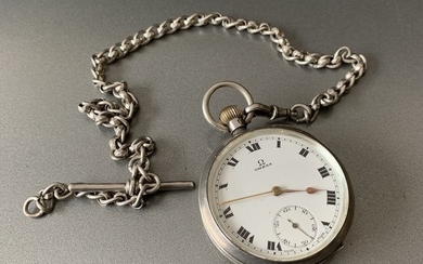 OMEGA STERLING SILVER POCKET WATCH AND CHAIN