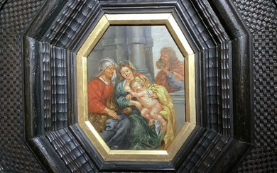 Octagonal panel "The holy family with St. Anna" - Oak - 17th century