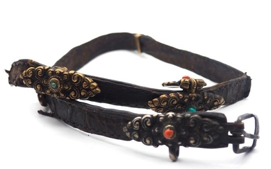 Old traditional worked belt - Bronze, Coral, Leather, Turquoise - Tibet - 19th century