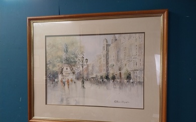 Olivia Hayes 'Town Square' watercolour mounted in wooden fra...