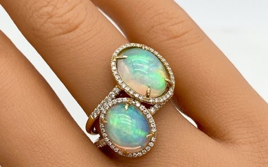 Opal Bypass And Diamond 14k Yellow Gold Ring