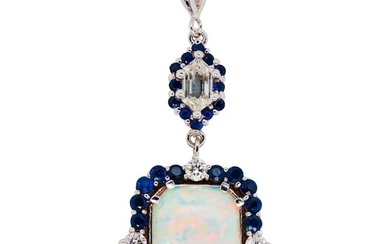 Opal and Diamond Pendant with Sapphire and Diamond Halos Set in 18 Karat Gold
