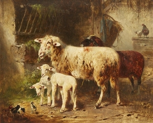 Otto Friedrich Gebler, Sheep, Lambs, and Chicks in a Stable