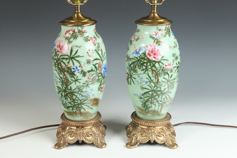 PAIR CHINESE POLYCHROME-PAINTED CELADON GLAZED PORCELAIN OVOID VASES MOUNTED AND...