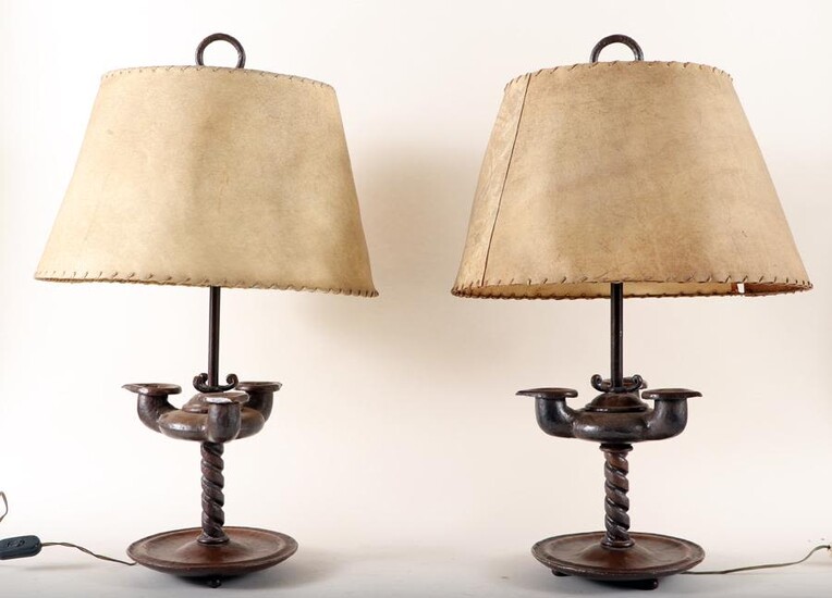PAIR IRON ARTS AND CRAFTS STYLE TABLE LAMPS