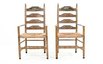 PAIR OF ANTIQUE SCENIC PAINTED COUNTRY ARMCHAIRS
