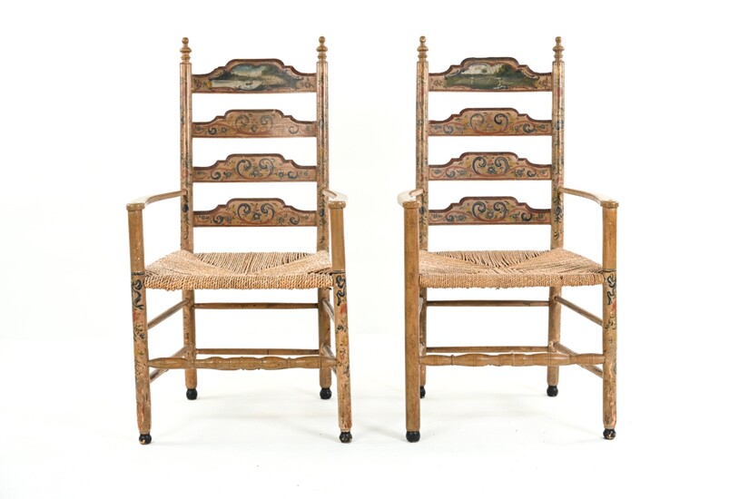 PAIR OF ANTIQUE SCENIC PAINTED COUNTRY ARMCHAIRS