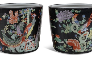 PAIR OF CHINESE FAMILLE ROSE-DECORATED BLACK GROUND JARDINIERES, MODERN Height: 12 1/2 in. (31.8 cm.), Diameter: 14 1/2 in. (36.8 cm.)