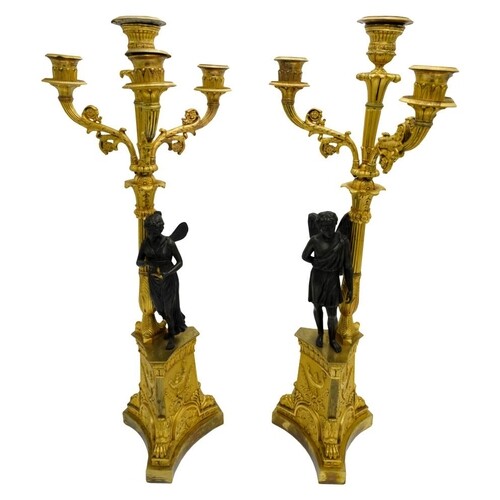 PAIR OF FRENCH EMPIRE GILT-BRONZE CANDELABRAS 19TH CENTURY t...
