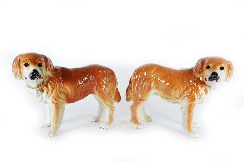 PAIR OF LARGE STAFFORDSHIRE EARTHENWARE LABRADORS