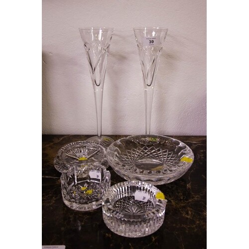 PAIR OF WATERFORD CRYSTAL FLUTES + 4 ASHTRAYS