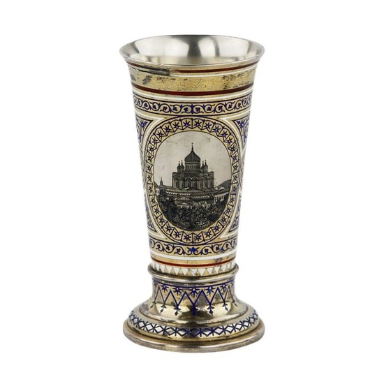 PAVEL OVCHINNIKOV. Russian silver gilded and champleve goblet of the 19th century, stamped by Pavel