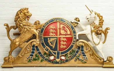 POLYCHROMED CARVED WOOD ROYAL COAT OF ARMS OF THE