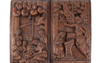 Paar Reliefs "Verkündung" und "Heilige Familie", Holland um 1600, Eiche geschnitzt, inaktiver Anobi