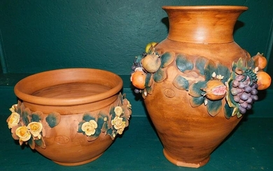 Paint Decorated Pottery Vase & Jardinière