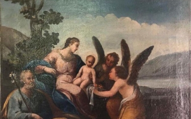 Painting, "Holy Family with two angels" - oil on canvas - Mid 17th century