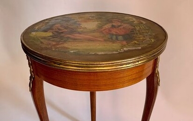 Painting, Side table, Galant Scene Playing the bagpipes - Louis XV Style - Bronze, Wood - First half 20th century
