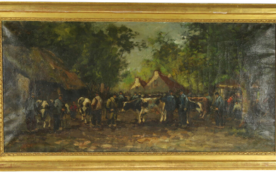 Paintings, engravings, etc. - Dutch School: cattle market, oil on canvas, unsigned - 46 x 96 cm