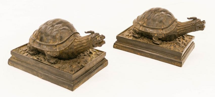 Pair Chinese Bronze Dragon Turtles 3.5''x6.5'' Each. A