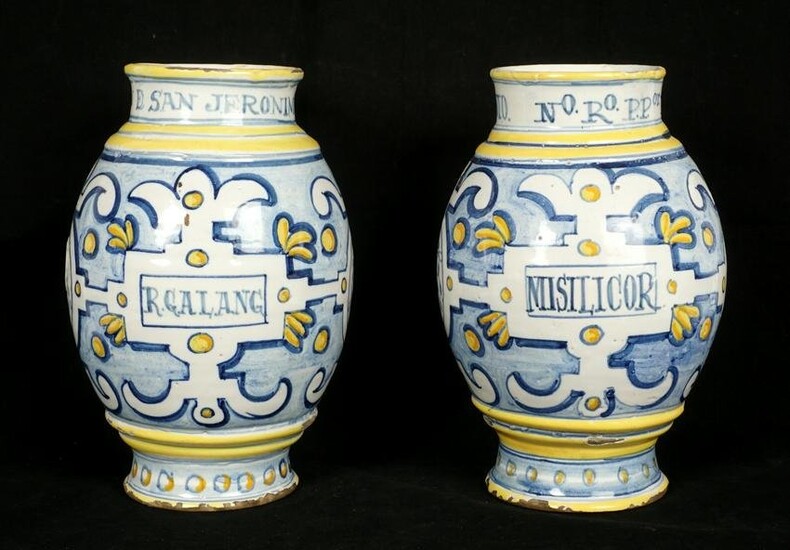 Pair Early Spanish Renaissance Gallipots Jars