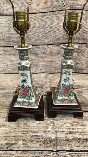Pair Famille Candlestick Lamps