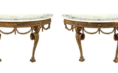 *Pair George III carved giltwood and scagliola marble demilune consoles