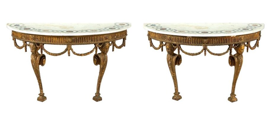 *Pair George III carved giltwood and scagliola marble demilune consoles