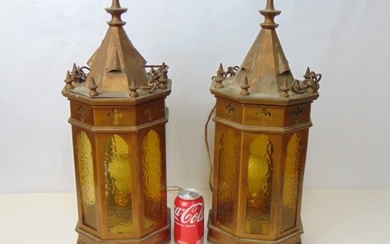 Pair Gothic revival hanging lanterns, in brass with amber glass panels, both lanterns are missing