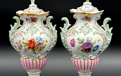 Pair Meissen Rococo Style Porcelain Urns