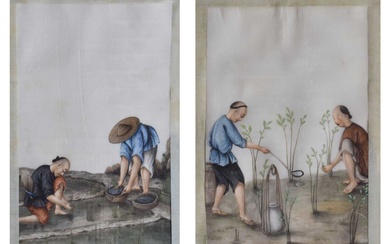 Pair of 19th century Chinese watercolours on pith paper - rice farming scenes
