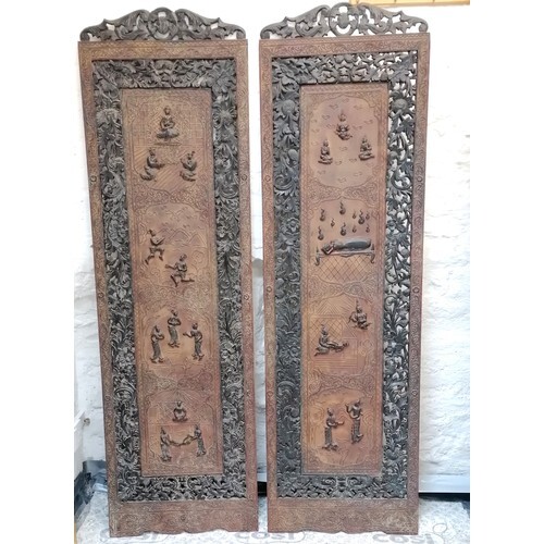 Pair of Antique Burmese carved teak, black and red lacquer p...