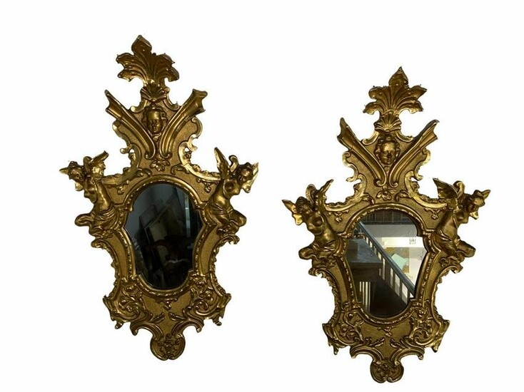 Pair of Antique Italian Gold Leaf Wooden Mirrors