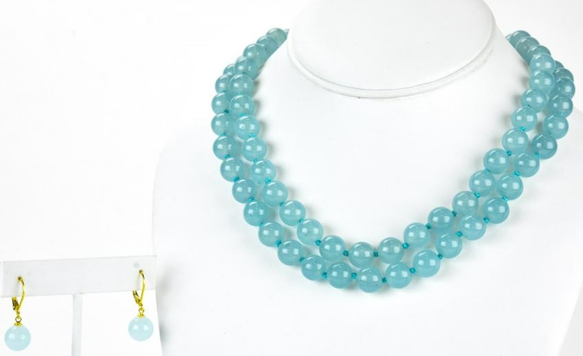 Pair of Aqua Topaz Hand Knotted Necklace Strands