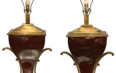 Pair of Art Deco Style Brass Porcelain Lamps