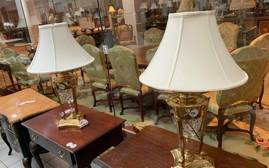Pair of Brass and Crystal Lamps with Silk Shades