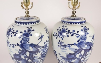 Pair of Chinese Blue and White Ginger Jar Lamps 20th Century