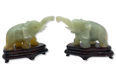 Pair of Chinese Carved Jade Elephant Figures on Wood Base