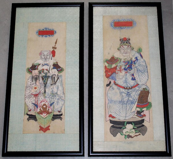 Pair of Chinese Qing Ink and Color on Paper Figural Paintings Afterlife A7WAP