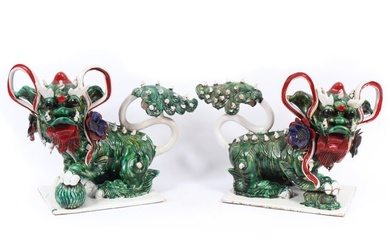Pair of Chinese influence glazed ceramic majolica foo dog statues, Italy ca. mid 20th Century. 18"H