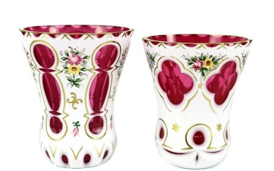 Pair of Czech White on Cranberry Art Glass Assorted Vases, c1920 Hand Painted