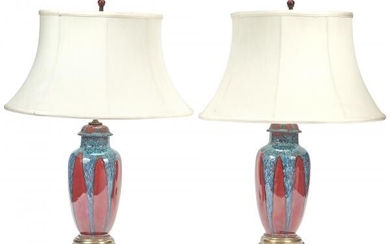 Pair of Flambé Glazed Ceramic Covered Jars Mounted as Lamps