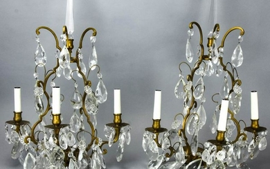 Pair of French Style Bronze & Crystal Wall Sconces