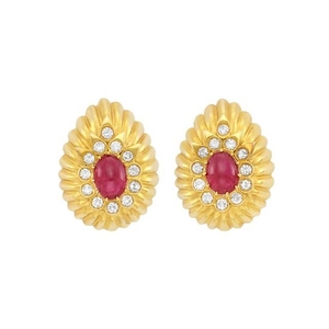 Pair of Gold, Cabochon Ruby and Diamond Earrings