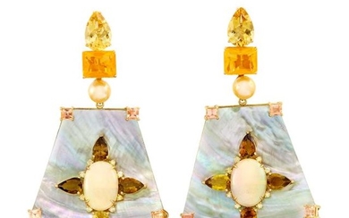 Pair of Gold, Mother-of-Pearl, Colored Stone, Golden Cultured Pearl and Diamond Pendant-Earclips
