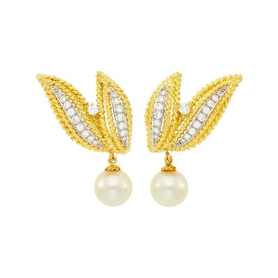 Pair of Gold, Platinum, Diamond and Cultured Pearl
