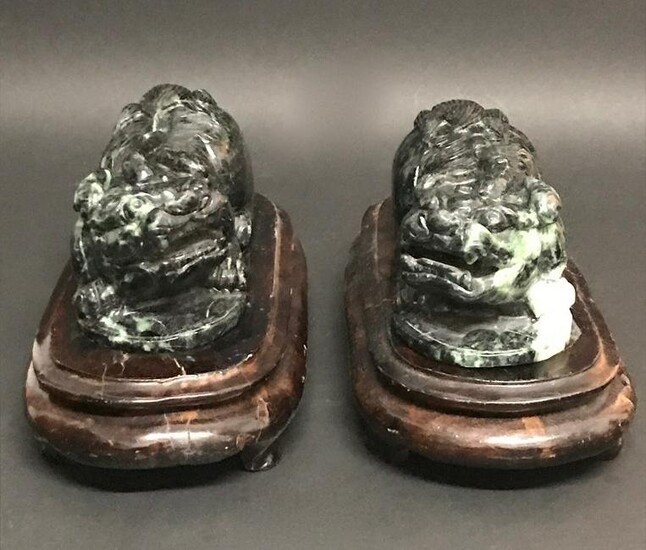Pair of Jade Fi Xu Sculpture with Wooden Base