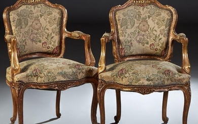 Pair of Louis XV Style Carved Giltwood Fauteuils, 20th